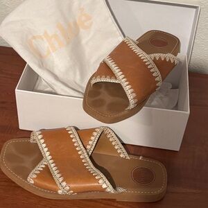 Chloe Brown Leather Sandals with Cream Stitching